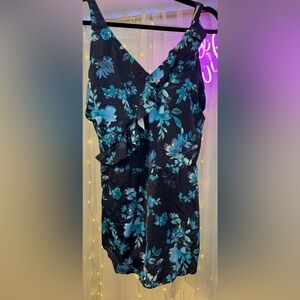 D&Co Beach Navy Floral Ruffle One Piece Swimsuit Size 16 NEW
